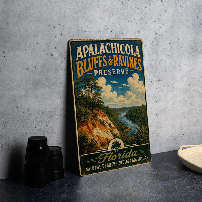 A vintage-style metal sign for the Apalachicola Bluffs & Rivines Preserve in Florida, featuring a scenic landscape with palm trees and a river.