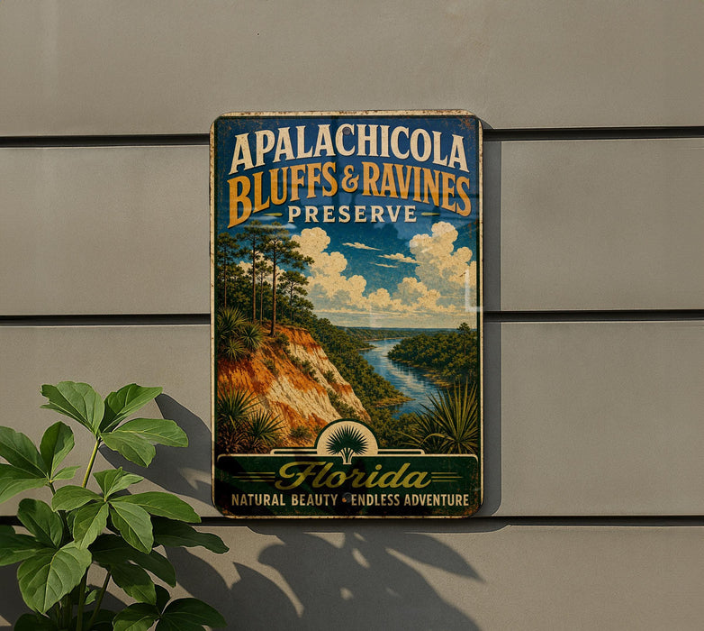 A vintage-style sign for the Apalachicola Bluffs & Ravines Preserve in Florida, featuring a scenic landscape with palm trees and a river.