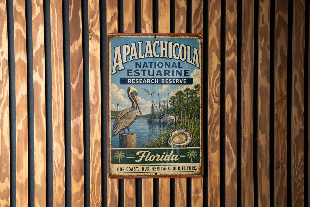 A vintage metal sign for the Apalachicola National Estuarine Research Reserve in Florida, featuring a bird and a shell, is displayed on a wooden wall.