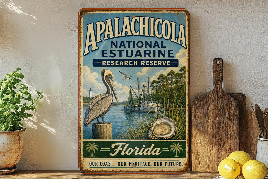 A vintage-style sign for the Apalachicola National Estuarine Research Reserve in Florida, featuring a pelican, a shrimp boat, and a palm tree.