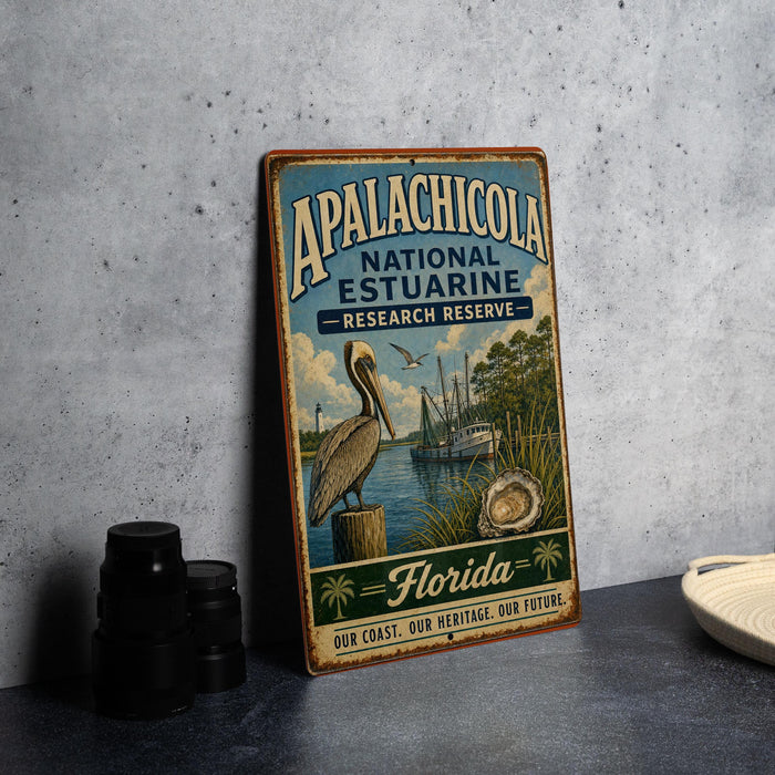 A vintage-style sign for the Apalachicola National Estuarine Research Reserve in Florida, featuring a pelican and a boat on the water.