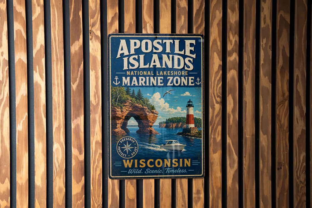 A vintage-style metal sign for the Apostle Islands National Lakeshore Marine Zone in Wisconsin, featuring a lighthouse and a scenic landscape.
