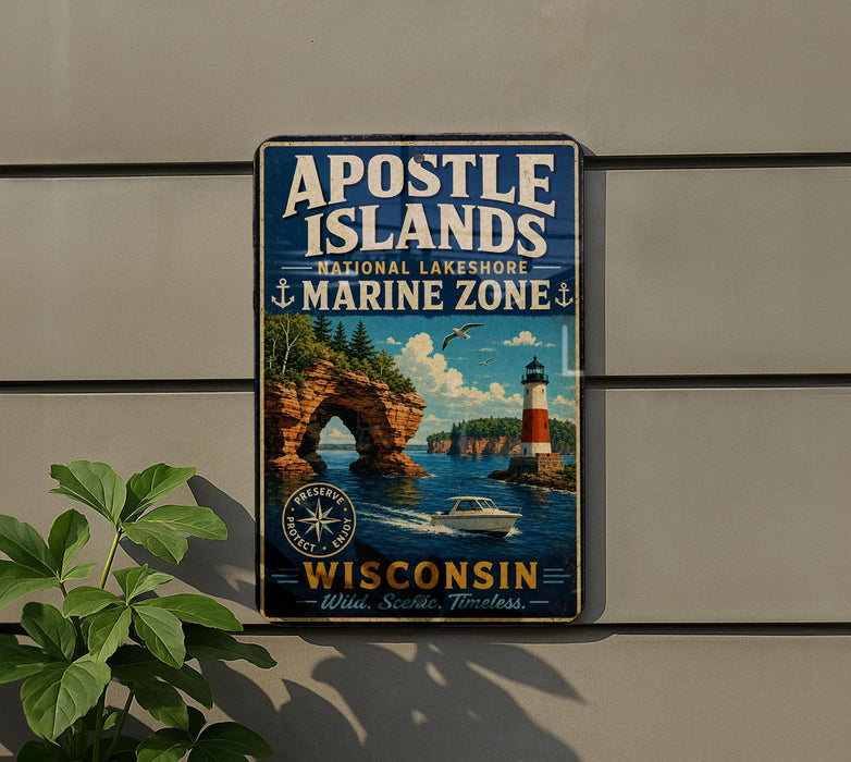 A vintage-style metal sign for the Apostle Islands National Lakeshore Marine Zone in Wisconsin, featuring a lighthouse, boats, and a scenic landscape.