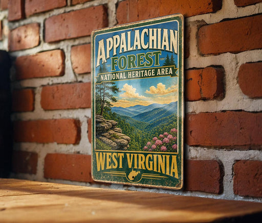 A vintage metal sign for the Appalachian Forest National Heritage Area in West Virginia, featuring a scenic mountain landscape with pine trees and pink flowers.
