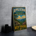 A vintage-style sign for the Appalachian Forest National Heritage Area in West Virginia, featuring a scenic landscape with mountains, pine trees, and wildflowers.