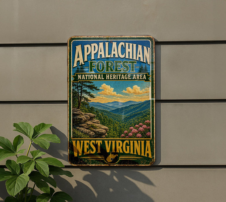 A vintage metal sign for the Appalachian Forest National Heritage Area in West Virginia, featuring a scenic mountain landscape with pine trees and pink flowers.