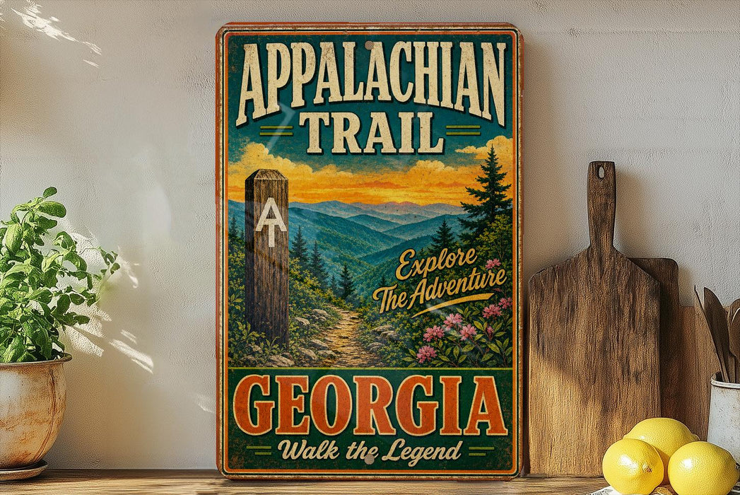 A vintage trail sign for the Appalachian Trail in Georgia, featuring a scenic mountain landscape with pine trees and a winding path.