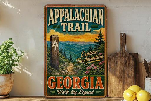 A vintage trail sign for the Appalachian Trail in Georgia, featuring a scenic mountain landscape with pine trees and a winding path.