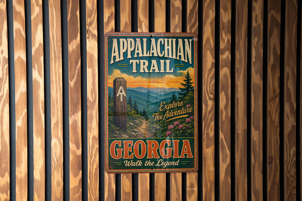A vintage metal sign for the Appalachian Trail in Georgia, featuring a scenic mountain landscape and the text "Appalachian Trail Georgia Walk the Legend".