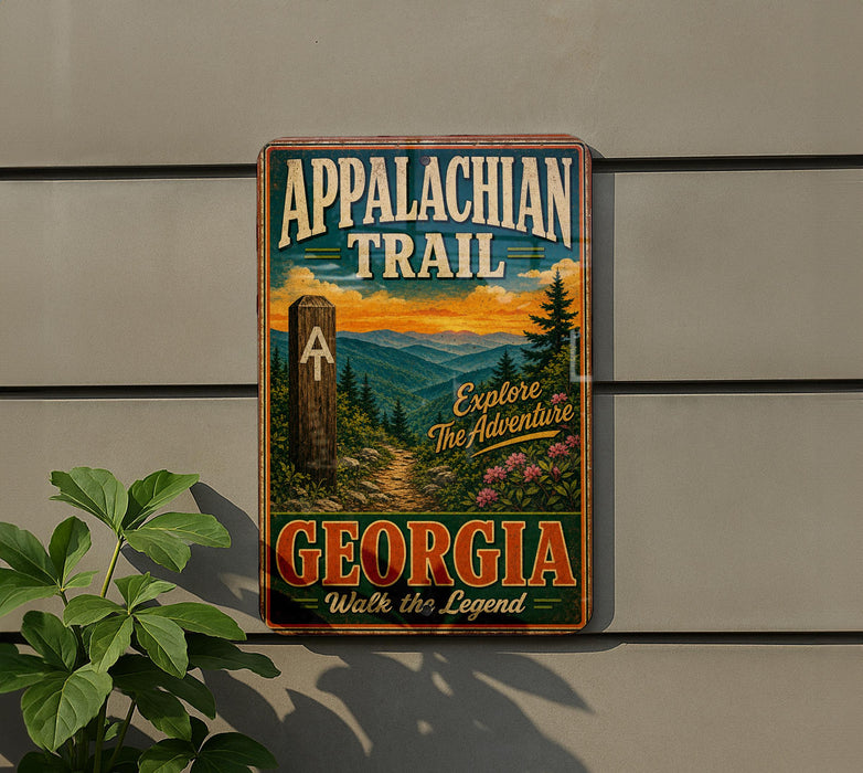 A vintage metal sign on a wall, featuring the text "Appalachian Trail Georgia" and an illustration of a mountain landscape with pine trees and a trail.