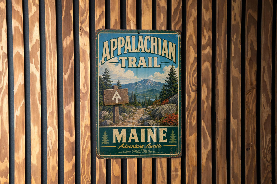 A vintage metal sign for the Appalachian Trail in Maine, featuring a scenic mountain landscape and a wooden signpost.