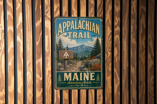 A vintage metal sign for the Appalachian Trail in Maine, featuring a scenic mountain landscape and a wooden signpost.