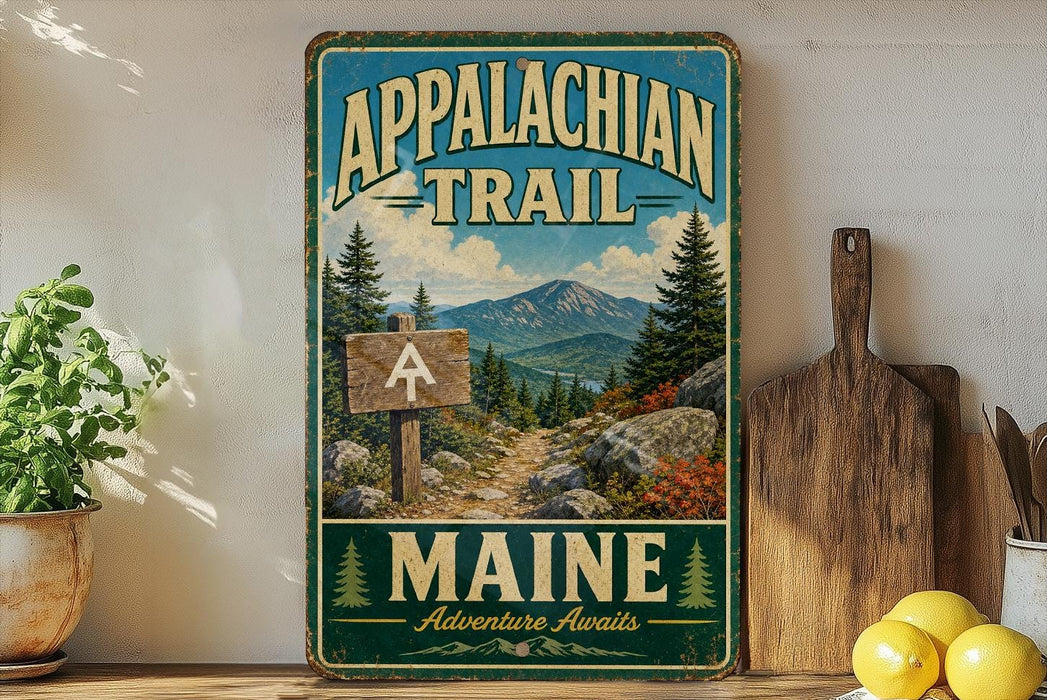 a vintage-style metal sign that reads "Appalachian Trail Maine Adventure Awaits", with a scenic mountain landscape in the background.