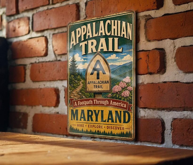 A vintage metal sign for the Appalachian Trail hangs on a brick wall, featuring a scenic illustration of the trail and the words "Appalachian Trail" and "A Footpath Through America".