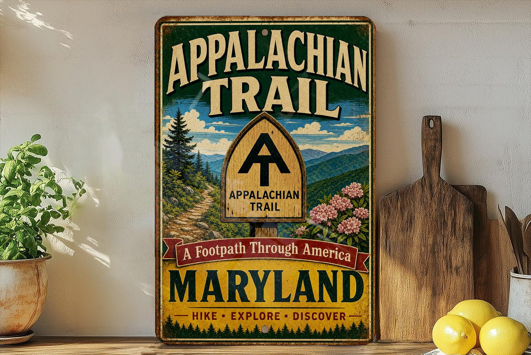 A vintage-style sign for the Appalachian Trail in Maryland, featuring a scenic mountain landscape and trail marker.