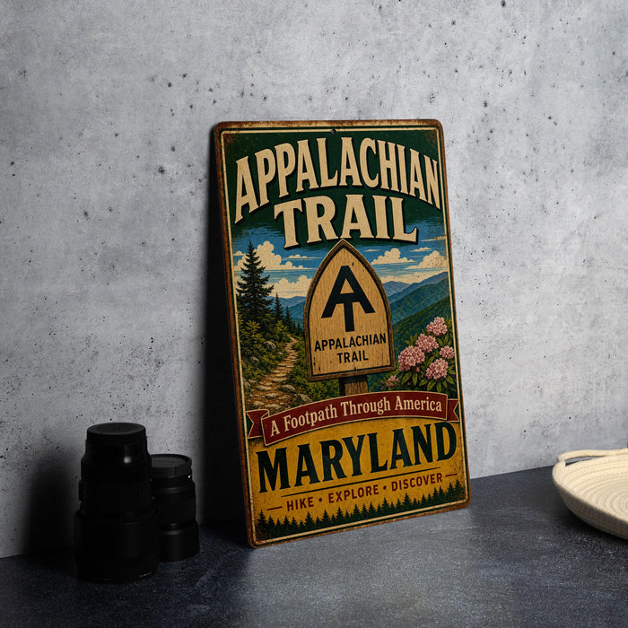 A vintage metal sign for the Appalachian Trail in Maryland, featuring a scenic illustration of a trail surrounded by mountains and pine trees.