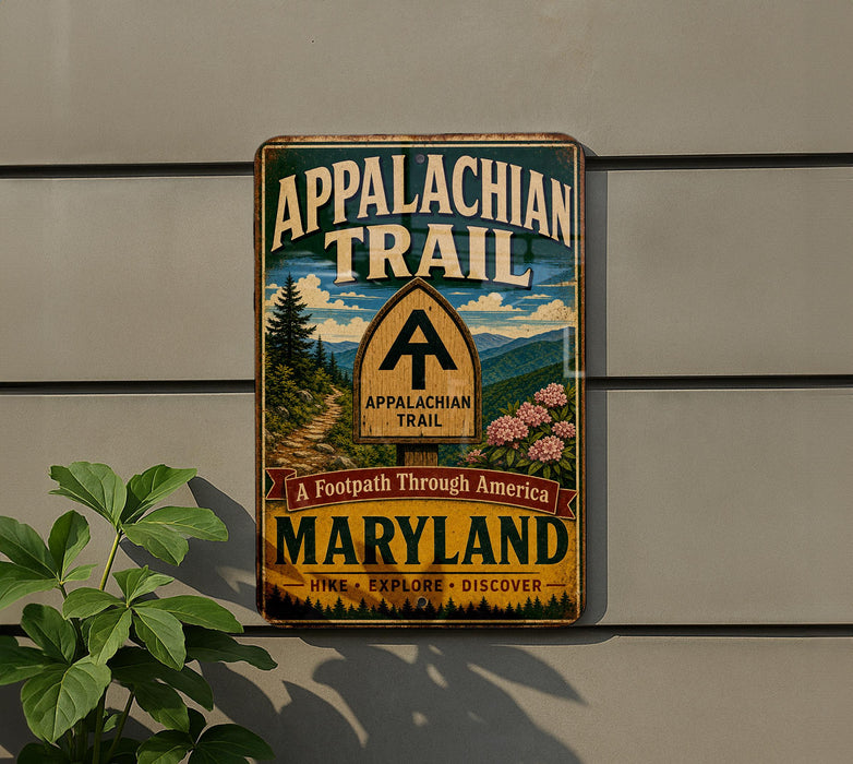 A vintage metal sign for the Appalachian Trail in Maryland, featuring a scenic mountain landscape and the trail's name.