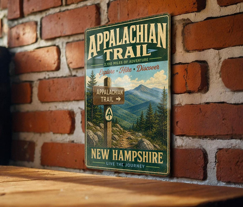 A vintage-style metal sign for the Appalachian Trail in New Hampshire, featuring a scenic mountain landscape and trail marker.