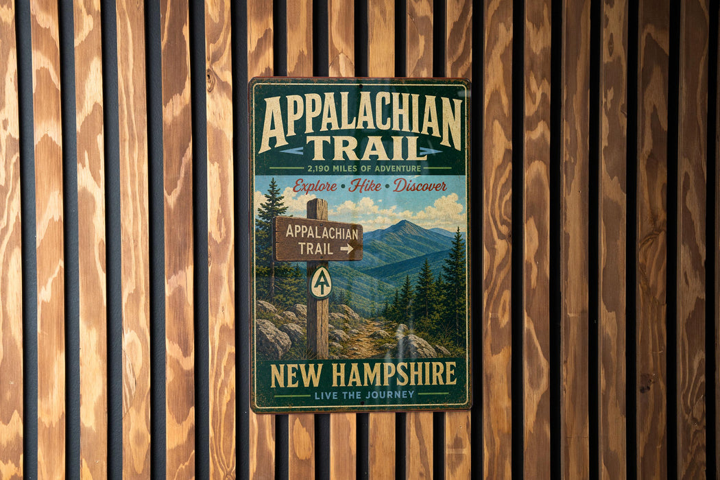 A vintage-style metal sign for the Appalachian Trail in New Hampshire, featuring a scenic mountain landscape and trail information.