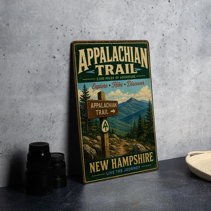 a vintage-style metal sign for the Appalachian Trail, with a mountain landscape and trail directions, placed on a gray countertop next to some black camera lenses.