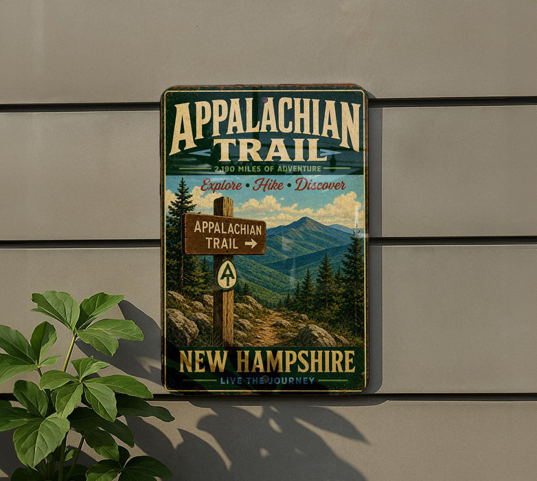 a vintage trail sign for the Appalachian Trail, which is located in New Hampshire.