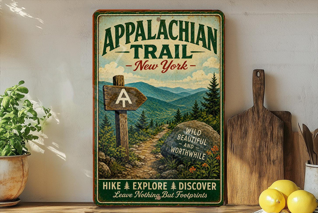 a vintage-style metal sign for the Appalachian Trail in New York, with a scenic mountain landscape and a wooden signpost. The sign also includes the text "Wild Beautiful and Meanwhile" and "Hike Explore Discover Leave Nothing But Footprints".
