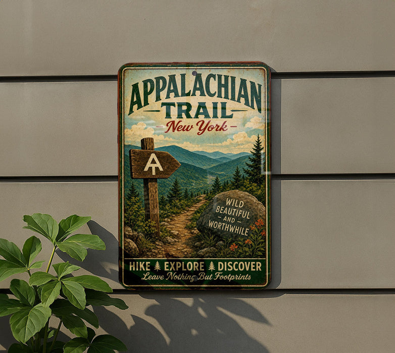 a vintage trail sign for the Appalachian Trail in New York, with a scenic mountain landscape and a wooden signpost.