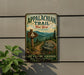 a vintage trail sign for the Appalachian Trail in New York, with a scenic mountain landscape and a wooden signpost.