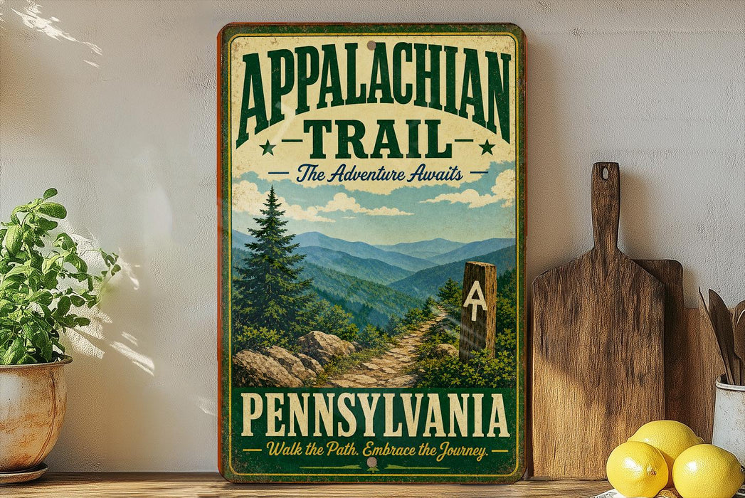 A vintage-style sign for the Appalachian Trail in Pennsylvania, featuring a scenic mountain landscape with a pine tree and a trail marker.
