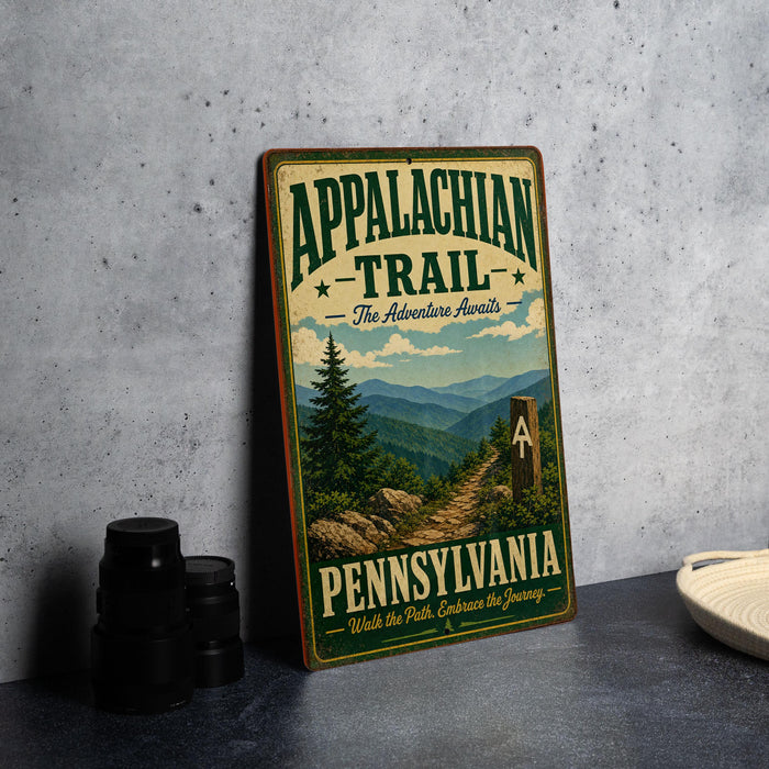 A vintage-style metal sign for the Appalachian Trail in Pennsylvania, featuring a scenic mountain landscape and the text "Appalachian Trail - The Adventure Awaits - Pennsylvania - Walk the Path, Embrace the Journey".