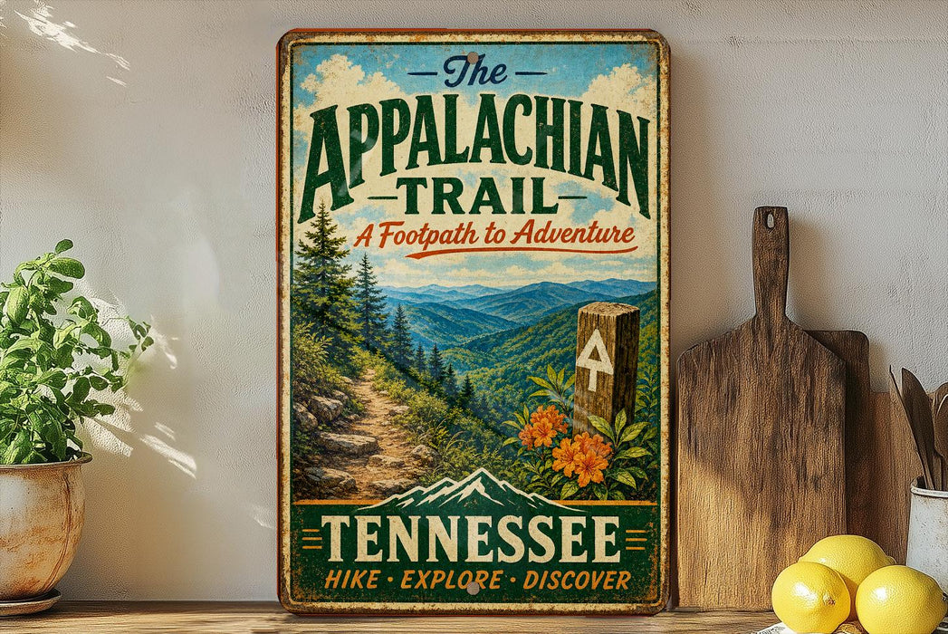 A vintage-style metal sign for "The Appalachian Trail" in Tennessee, featuring a scenic mountain landscape with a trail marker and the text "A Footpath to Adventure" and " Tennessee Hike - Explore - Discover".