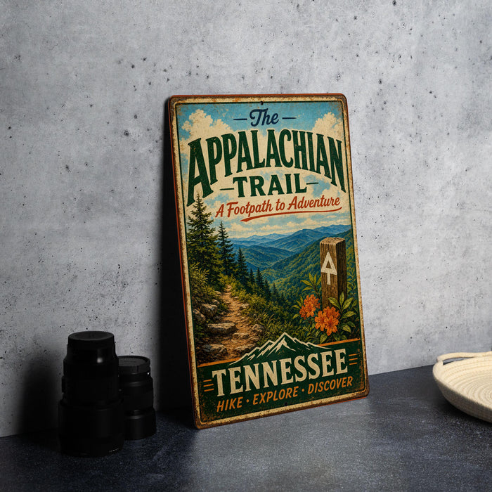 A vintage-style metal sign for "The Appalachian Trail" in Tennessee, featuring a scenic mountain landscape and trail.
