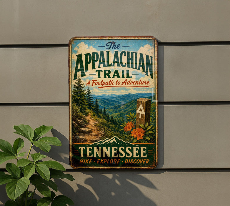 A vintage-style metal sign for "The Appalachian Trail" in Tennessee, featuring a scenic mountain landscape and trail marker.