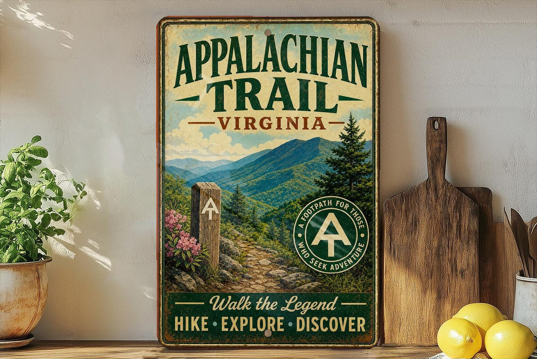 a vintage trail sign for the Appalachian Trail in Virginia, with a mountainous landscape and hiking trail markers.
