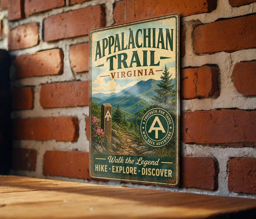 A vintage metal sign for the Appalachian Trail in Virginia, featuring a scenic mountain landscape and a trail marker.