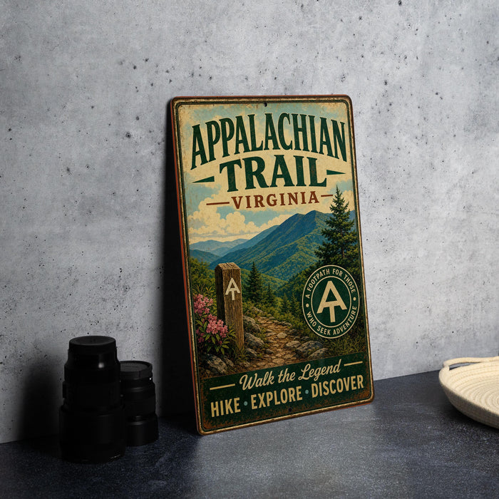 a vintage trail sign for the Appalachian Trail in Virginia, with a mountain landscape and a signpost in the foreground.