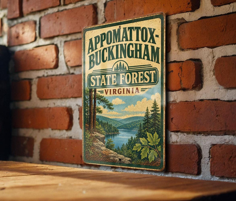 A vintage-style metal sign for Appomattox-Buckingham State Forest in Virginia, featuring a scenic landscape with pine trees, a lake, and mountains.