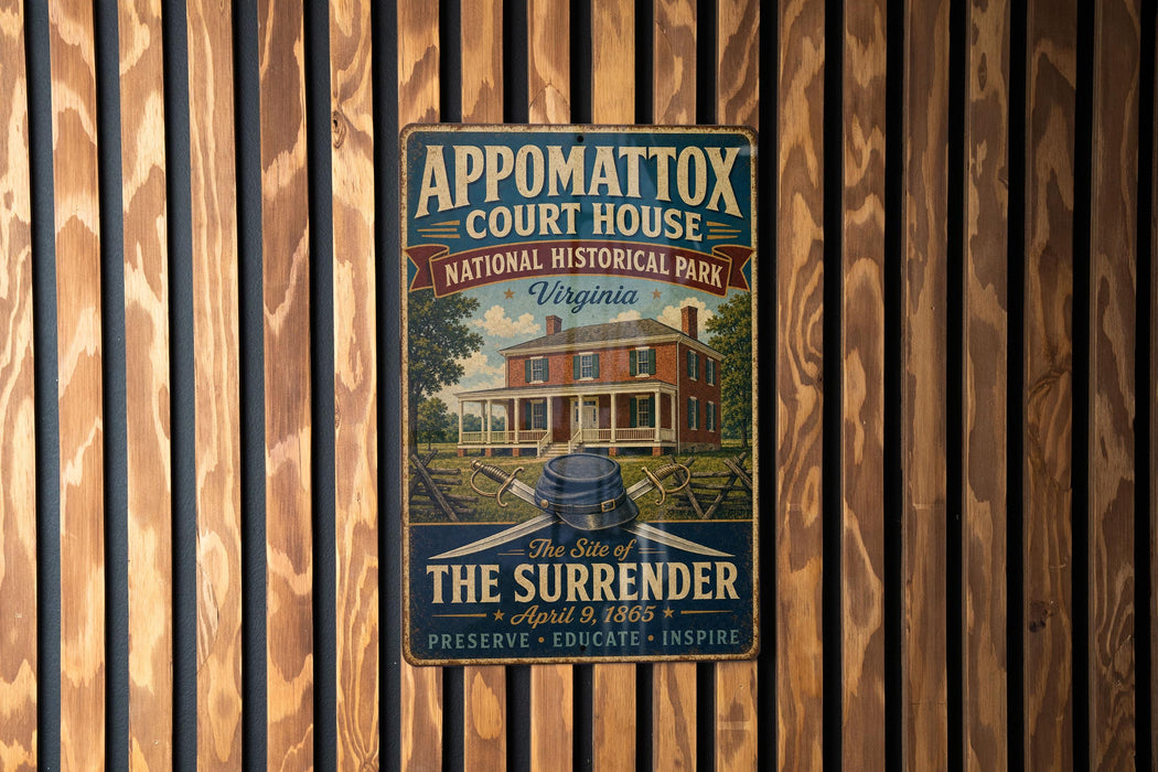 A vintage-style metal sign for the Appomattox Court House in Virginia, featuring an illustration of a historic house and the text "The Site of the Surrender" and "April 9, 1865".