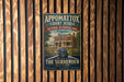A vintage-style metal sign for the Appomattox Court House in Virginia, featuring an illustration of a historic house and the text "The Site of the Surrender" and "April 9, 1865".
