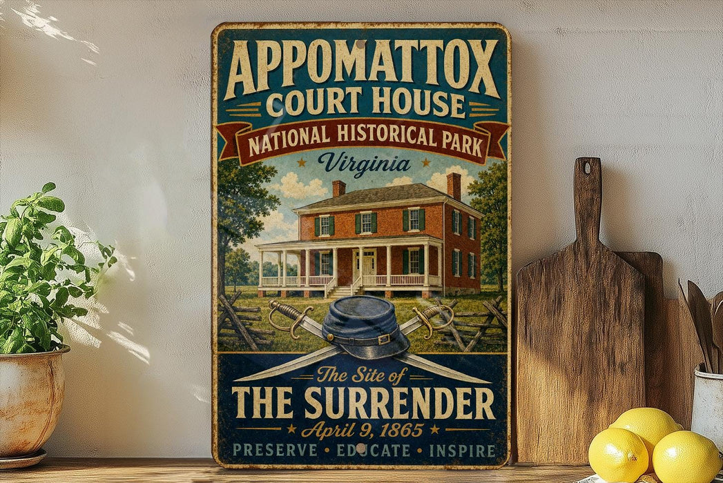 A vintage-style sign for Appomattox Court House, a National Historical Park in Virginia, featuring an illustration of a historic house with a banner that reads "The Site of the Surrender".