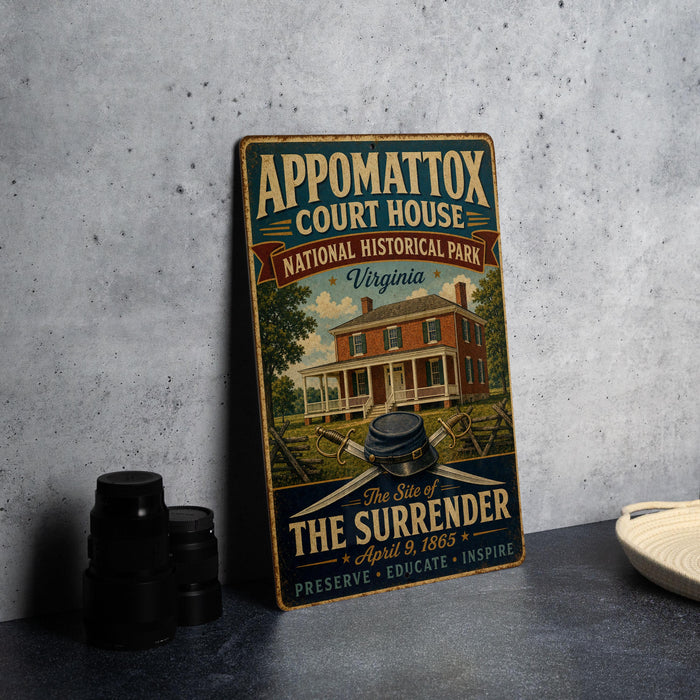 a vintage-style metal sign for the Appomattox Court House in Virginia, with a large illustration of the historic building and a caption describing the site as "The Site of The Surrender" and "The Surrender April 9, 1865".
