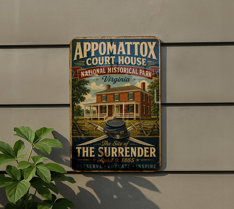 A vintage-style metal sign for the Appomattox Court House in Virginia, featuring an illustration of a historic house with a banner that reads "The Site of The Surrender".