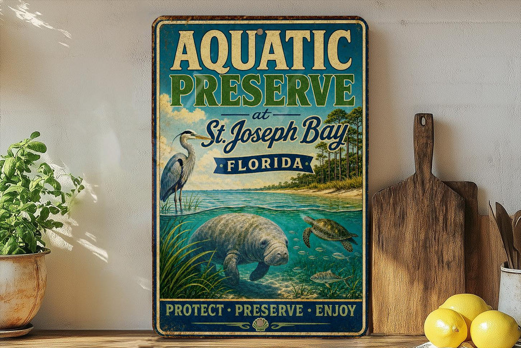A vintage-style metal sign for the Aquatic Preserve at St. Joseph Bay in Florida, featuring illustrations of a manatee and a heron in the water.