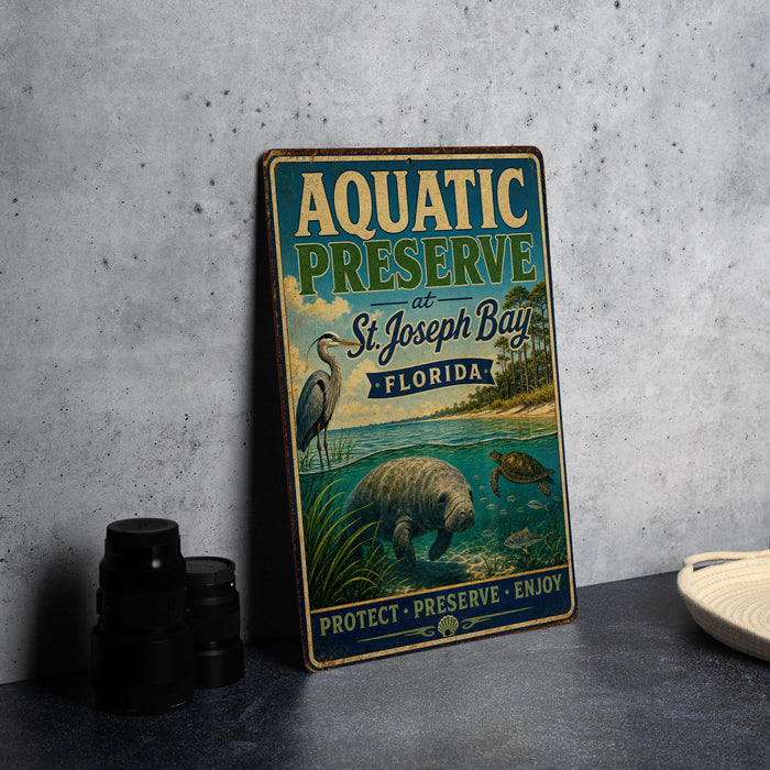 A vintage-style metal sign for Aquatic Preserve at St. Joseph Bay, Florida, featuring an illustration of a manatee and a bird in a body of water.