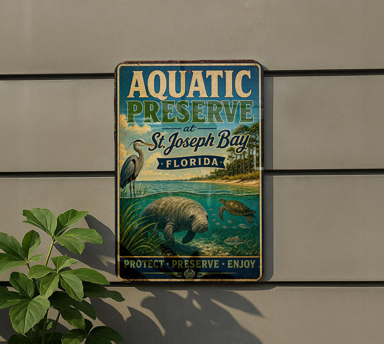 A vintage-style metal sign for Aquatic Preserve at St. Joseph Bay, Florida, featuring an illustration of a manatee and a bird in a tropical setting.