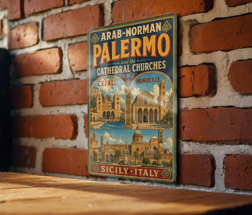 A vintage-style poster advertising the "Arab-NORMAN PALERMO" and "CATHEDRAL CHURCHES" in the city of Cefau, France, with illustrations of the city's landmarks.