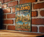 A vintage-style poster advertising the "Arab-NORMAN PALERMO" and "CATHEDRAL CHURCHES" in the city of Cefau, France, with illustrations of the city's landmarks.