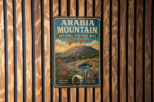 A vintage metal sign for the Arabia Mountain National Heritage Area in Georgia, featuring a mountain landscape with a waterfall and flowers.
