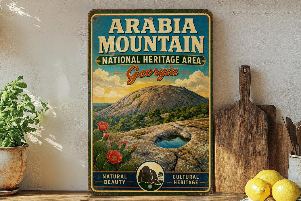 A vintage-style sign for the Arabia Mountain National Heritage Area in Georgia, featuring a scenic image of a rocky mountain landscape with cacti and a blue pool.