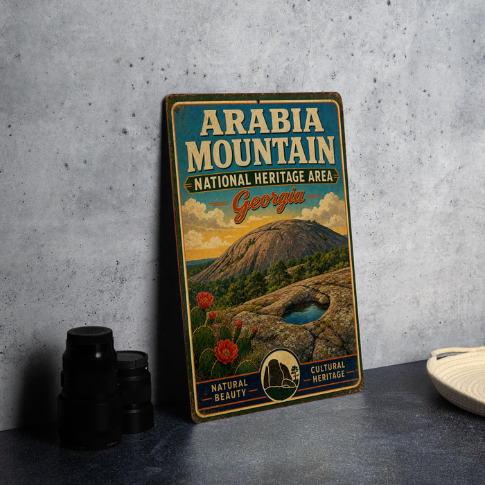 A vintage-style sign for the Arabia Mountain National Heritage Area in Georgia, featuring a mountain landscape with a blue sky and clouds.